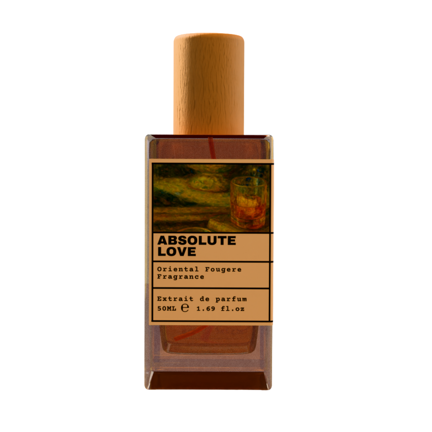 Absolute Love Oriental Fougere fragrance perfume bottle with wooden cap, 50ml