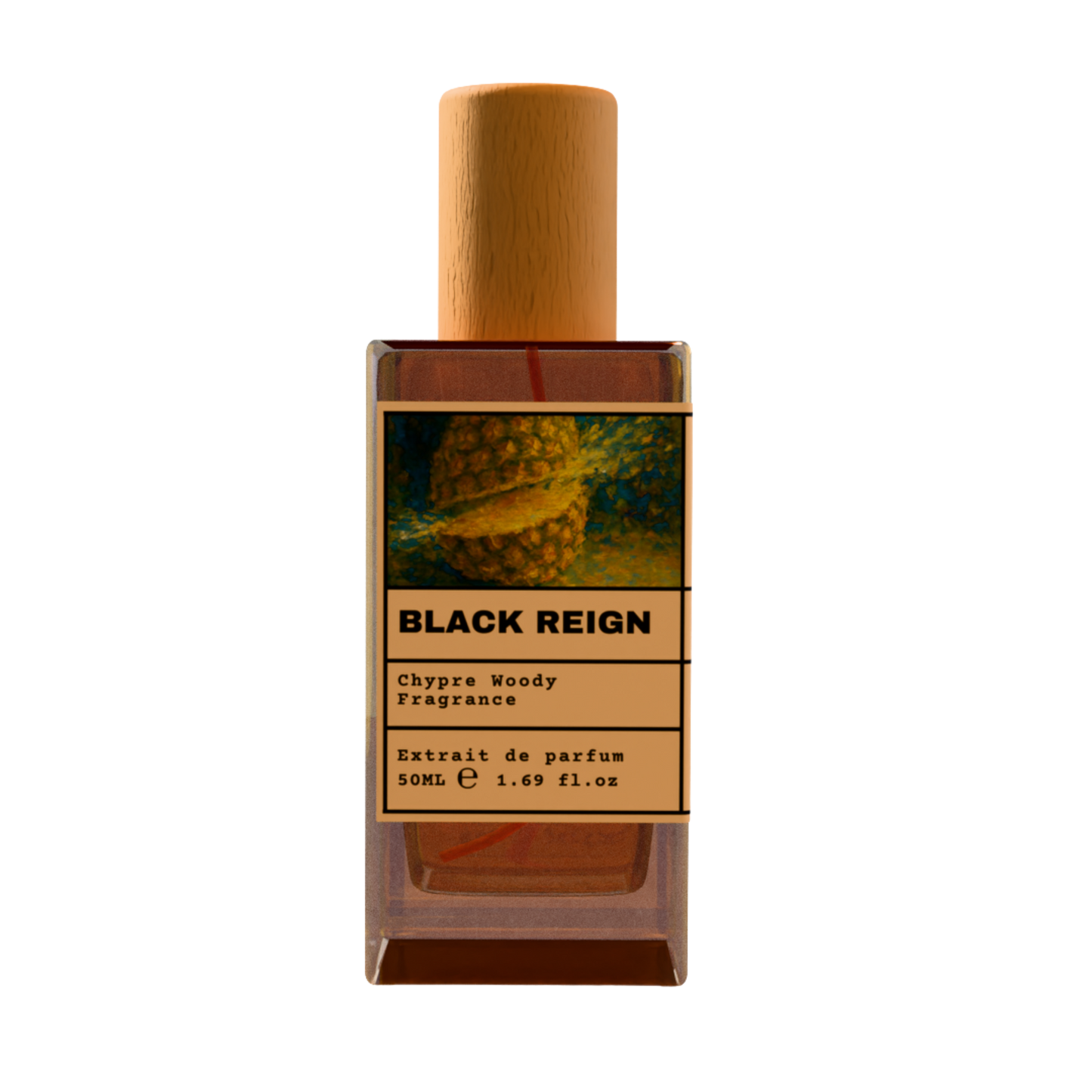 Black Reign Chypre Woody fragrance perfume bottle with wooden cap, 50ml