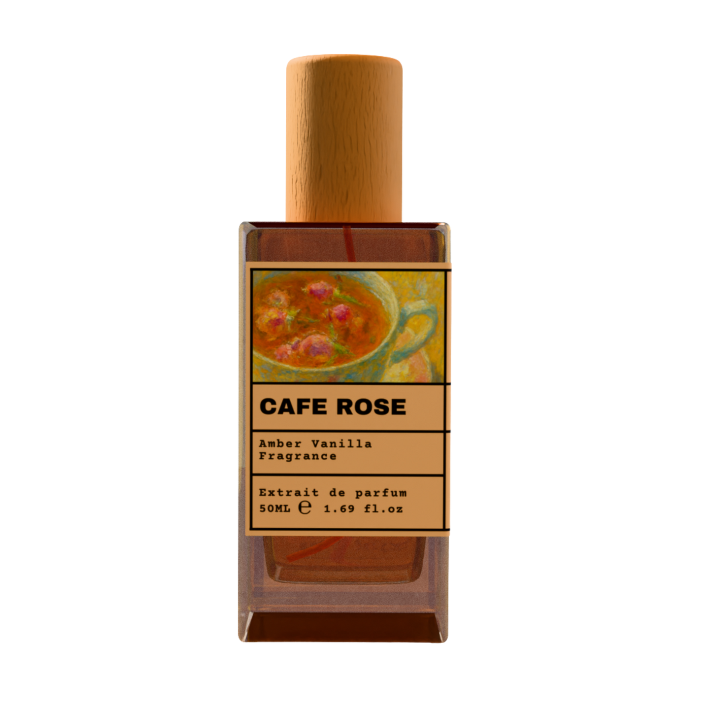 Cafe Rose Amber Vanilla fragrance perfume bottle with wooden cap, 50ml