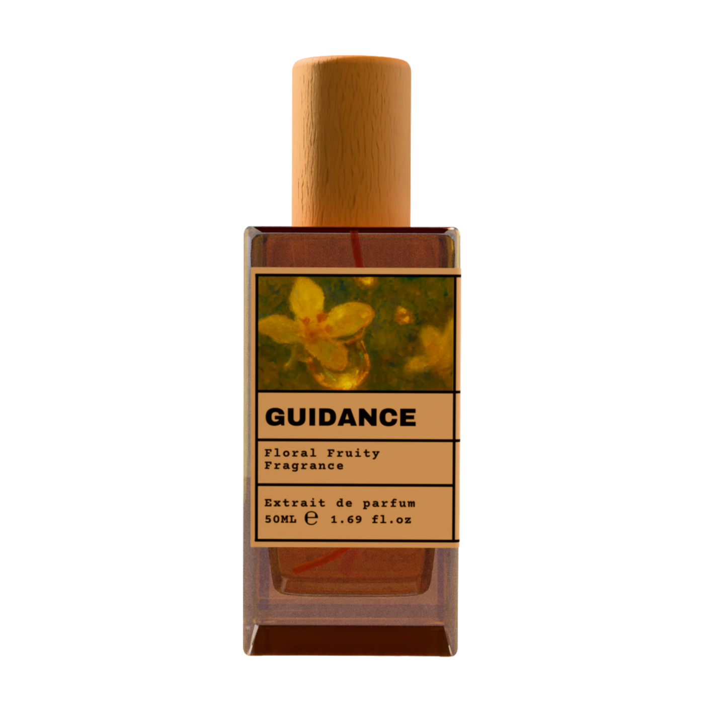 GUIDANCE Floral Fruity Fragrance luxury perfume bottle with yellow flower art label and wooden cap on a transparent background