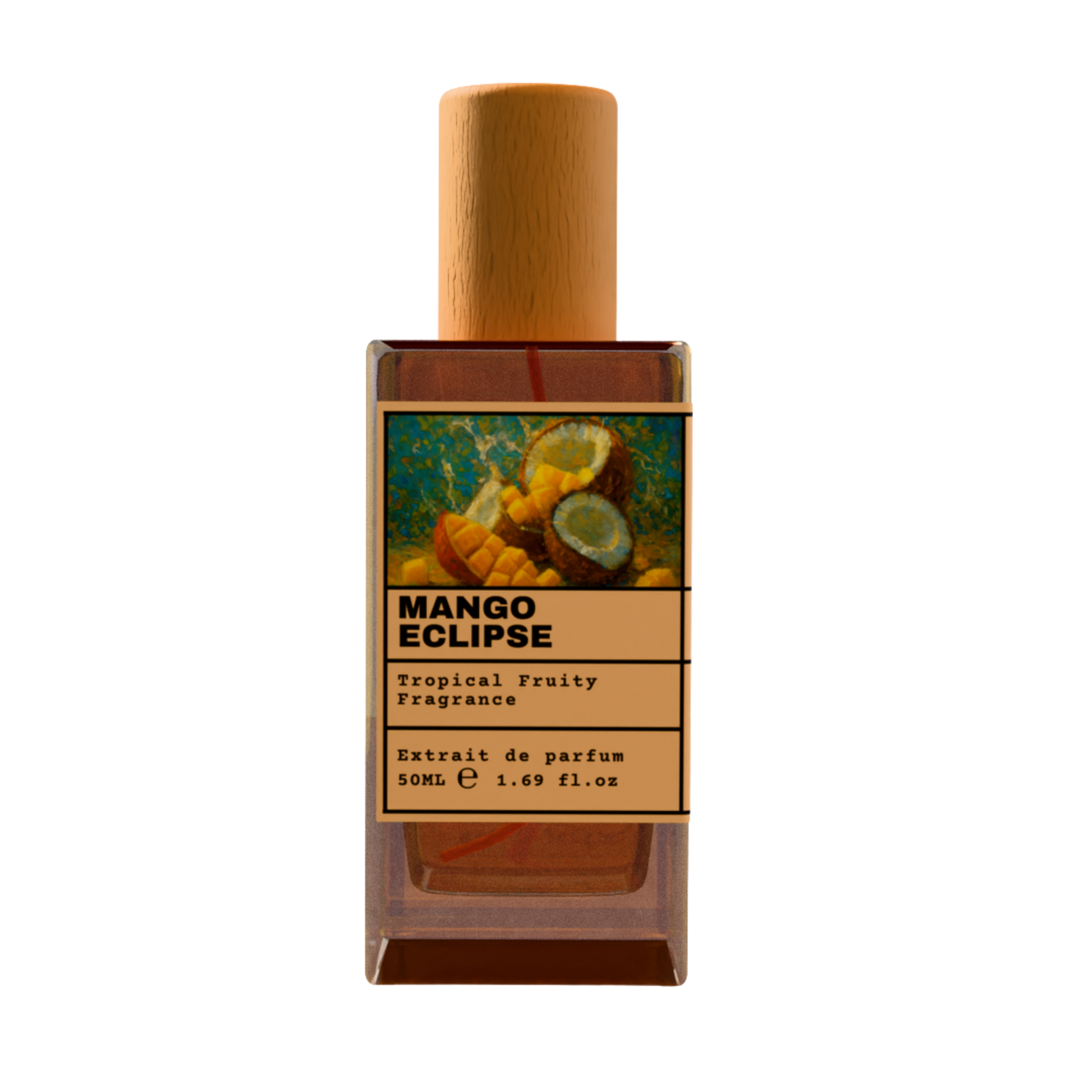 Mango Eclipse Tropical Fruity Fragrance Extrait de Parfum 50ml bottle with wooden cap