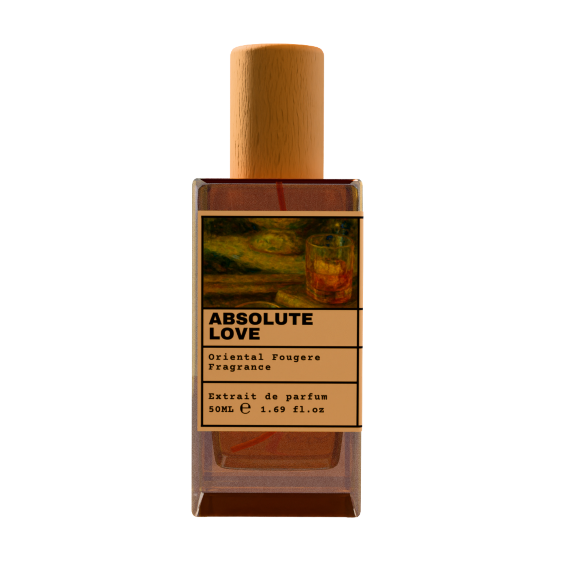 Absolute Love Oriental Fougere fragrance perfume bottle with wooden cap, 50ml