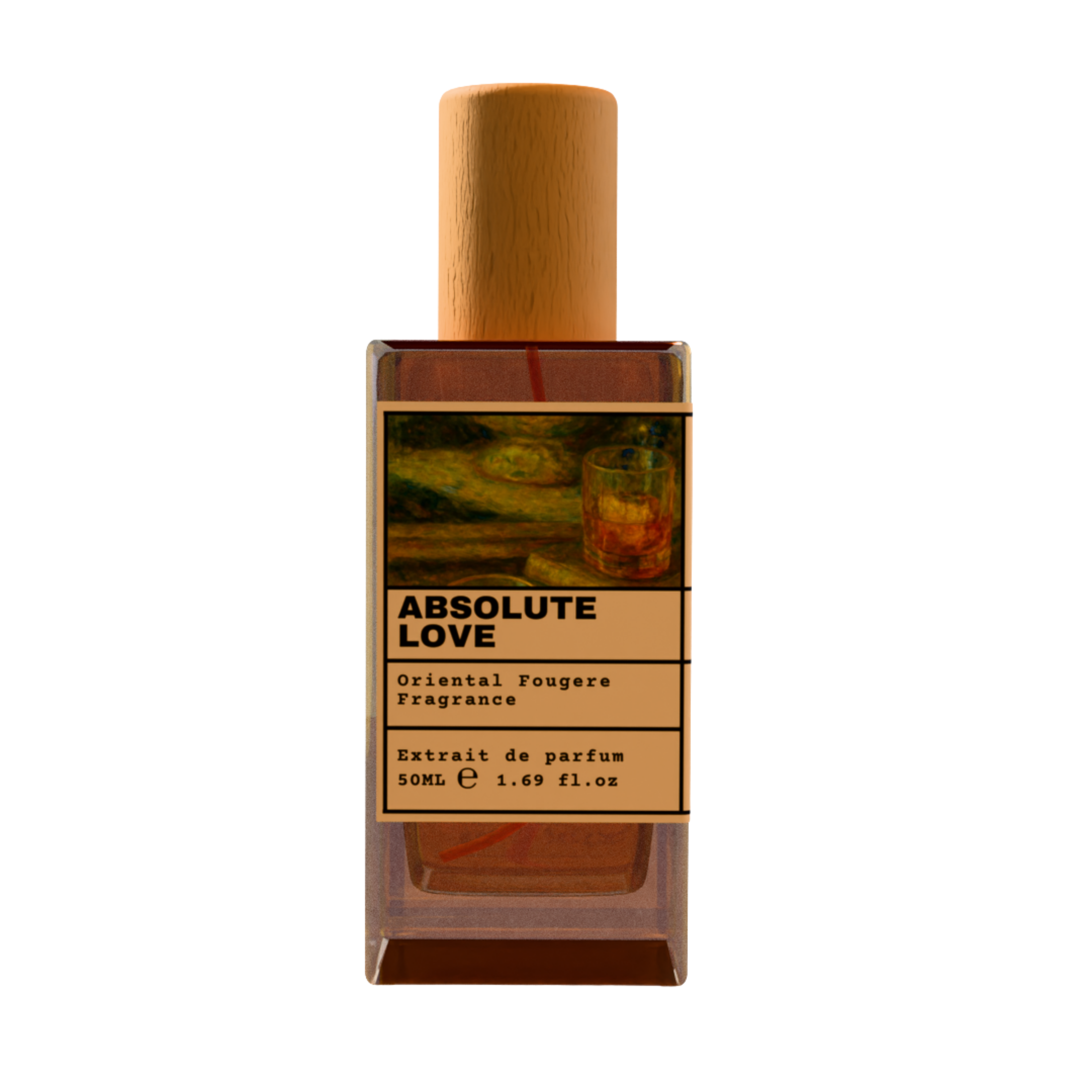 Absolute Love Oriental Fougere fragrance perfume bottle with wooden cap, 50ml