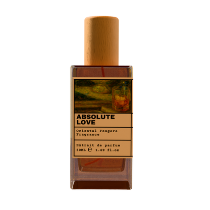 Absolute Love Oriental Fougere fragrance perfume bottle with wooden cap, 50ml