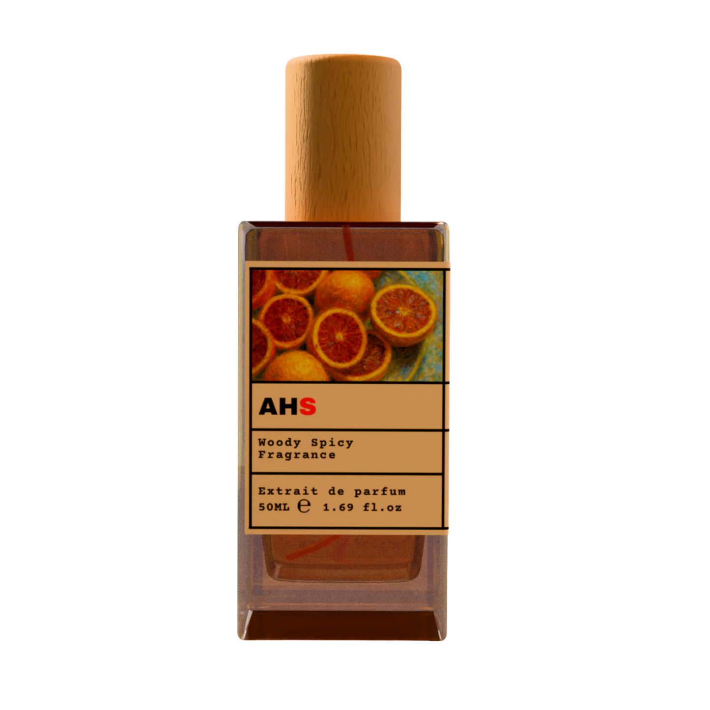 AHS Woody Spicy fragrance perfume bottle with wooden cap, 50ml