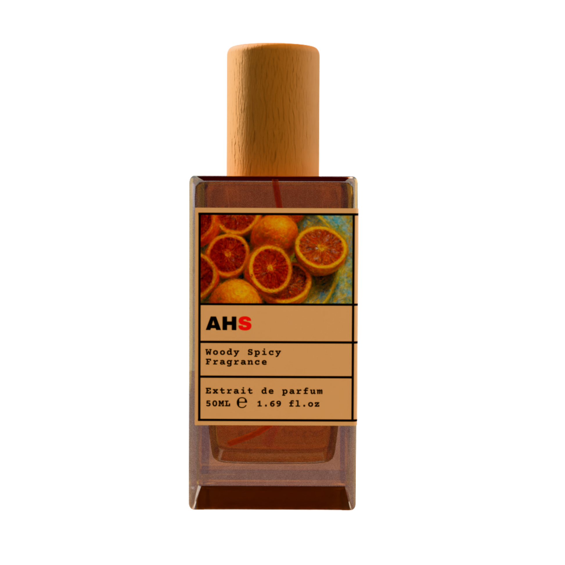 AHS Woody Spicy fragrance perfume bottle with wooden cap, 50ml