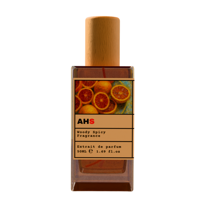 AHS Woody Spicy fragrance perfume bottle with wooden cap, 50ml