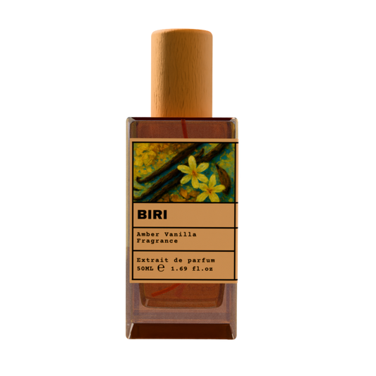 Biri Amber Vanilla fragrance perfume bottle with wooden cap, 50ml