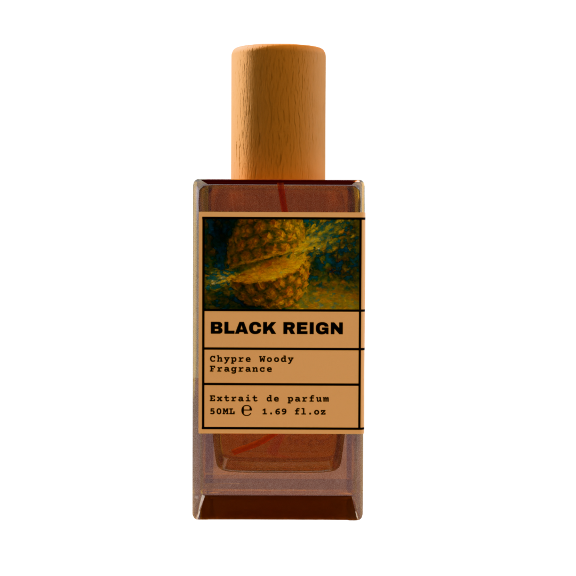 Black Reign Chypre Woody fragrance perfume bottle with wooden cap, 50ml