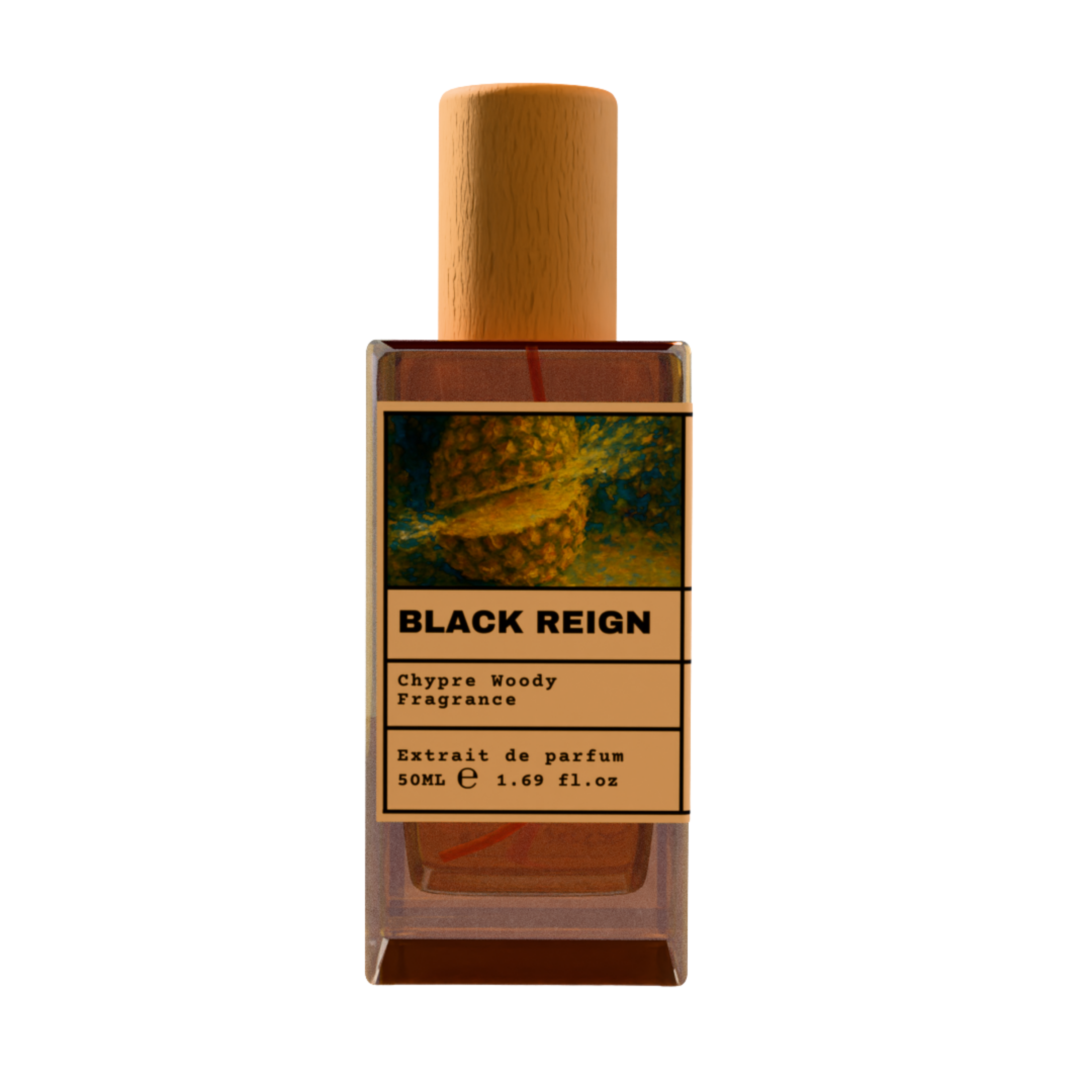 Black Reign Chypre Woody fragrance perfume bottle with wooden cap, 50ml