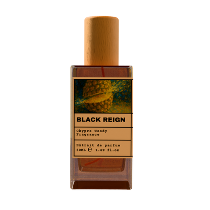 Black Reign Chypre Woody fragrance perfume bottle with wooden cap, 50ml