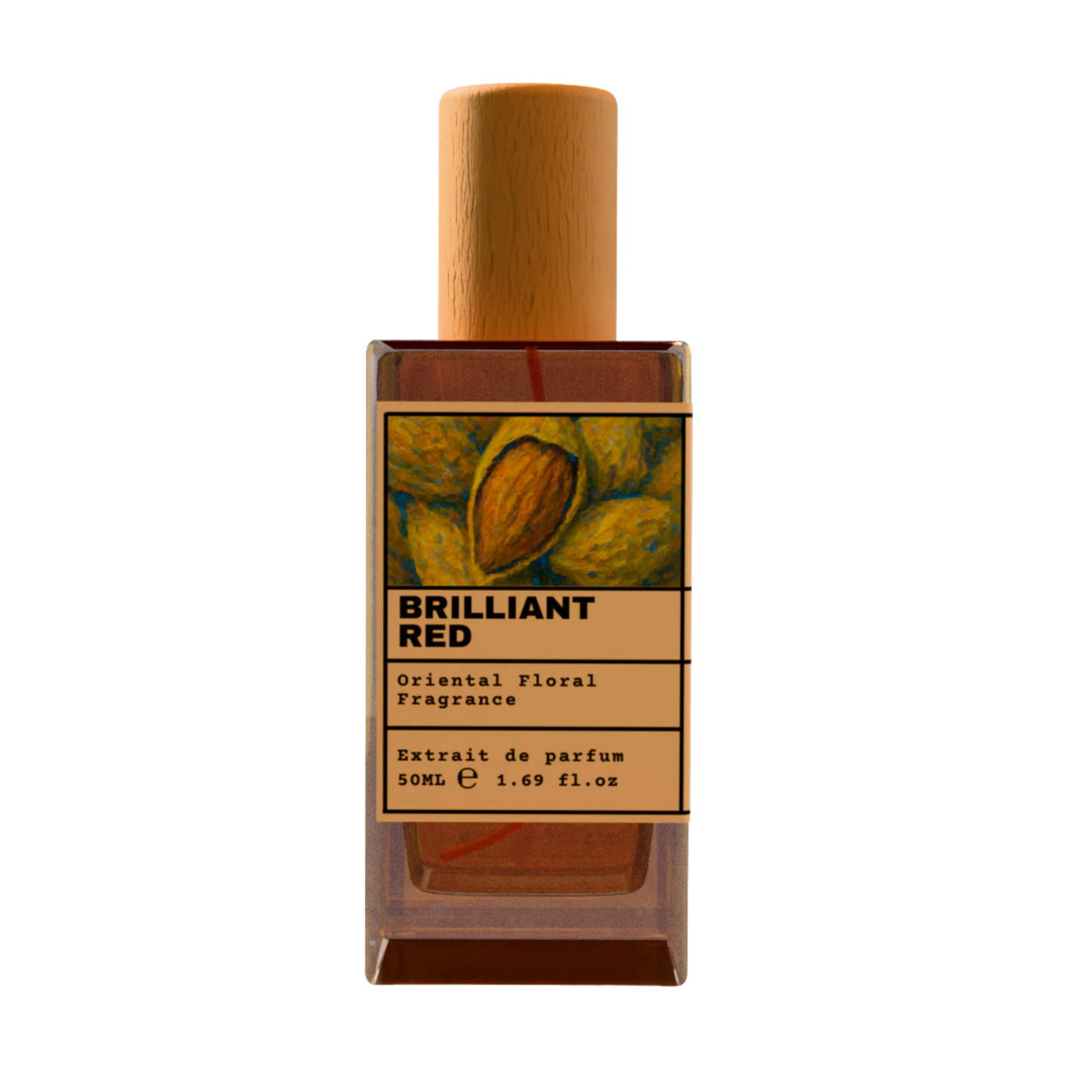 Brilliant Red Oriental Floral fragrance perfume bottle with wooden cap, 50ml