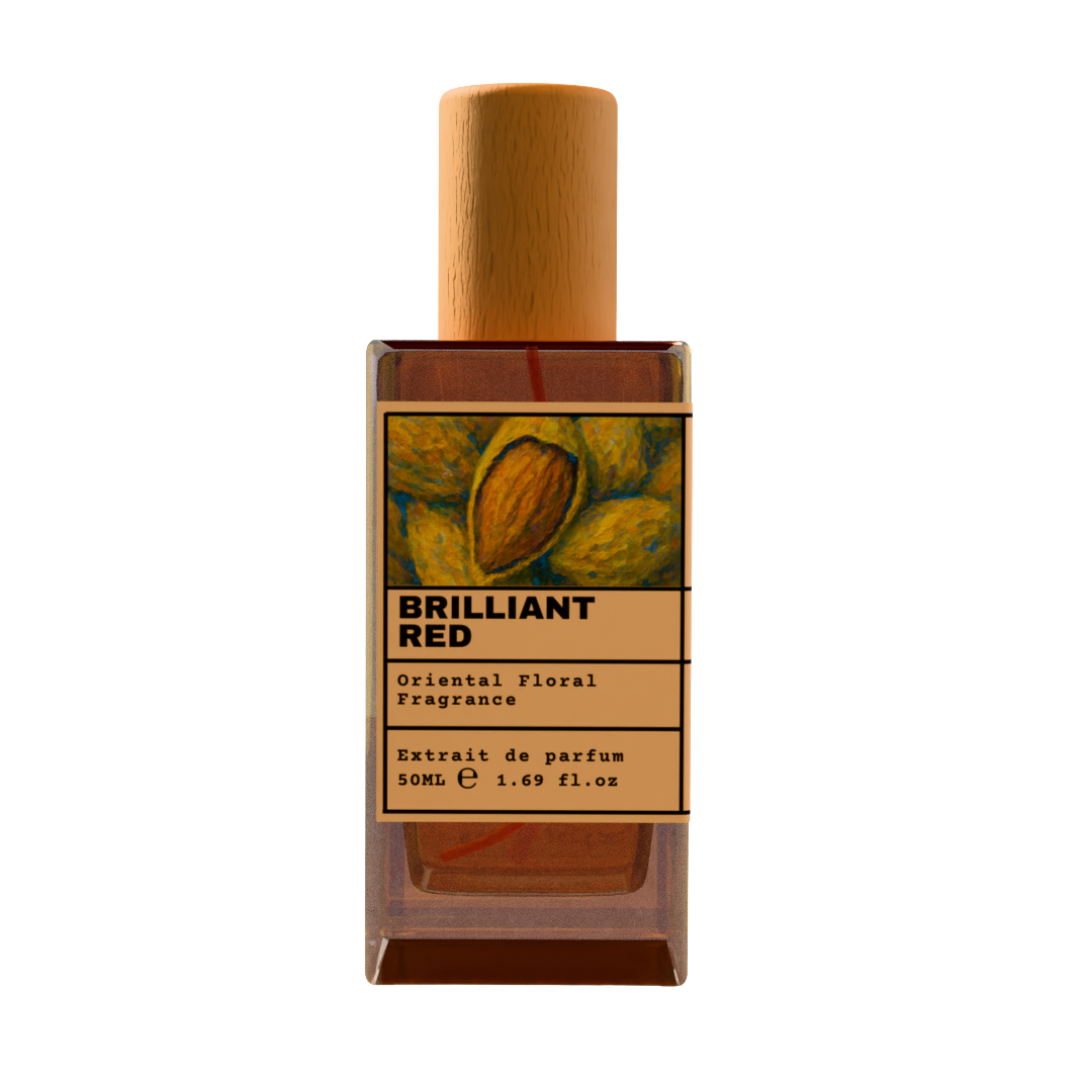Brilliant Red Oriental Floral fragrance perfume bottle with wooden cap, 50ml