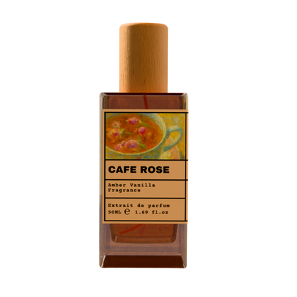 Cafe Rose Amber Vanilla fragrance perfume bottle with wooden cap, 50ml