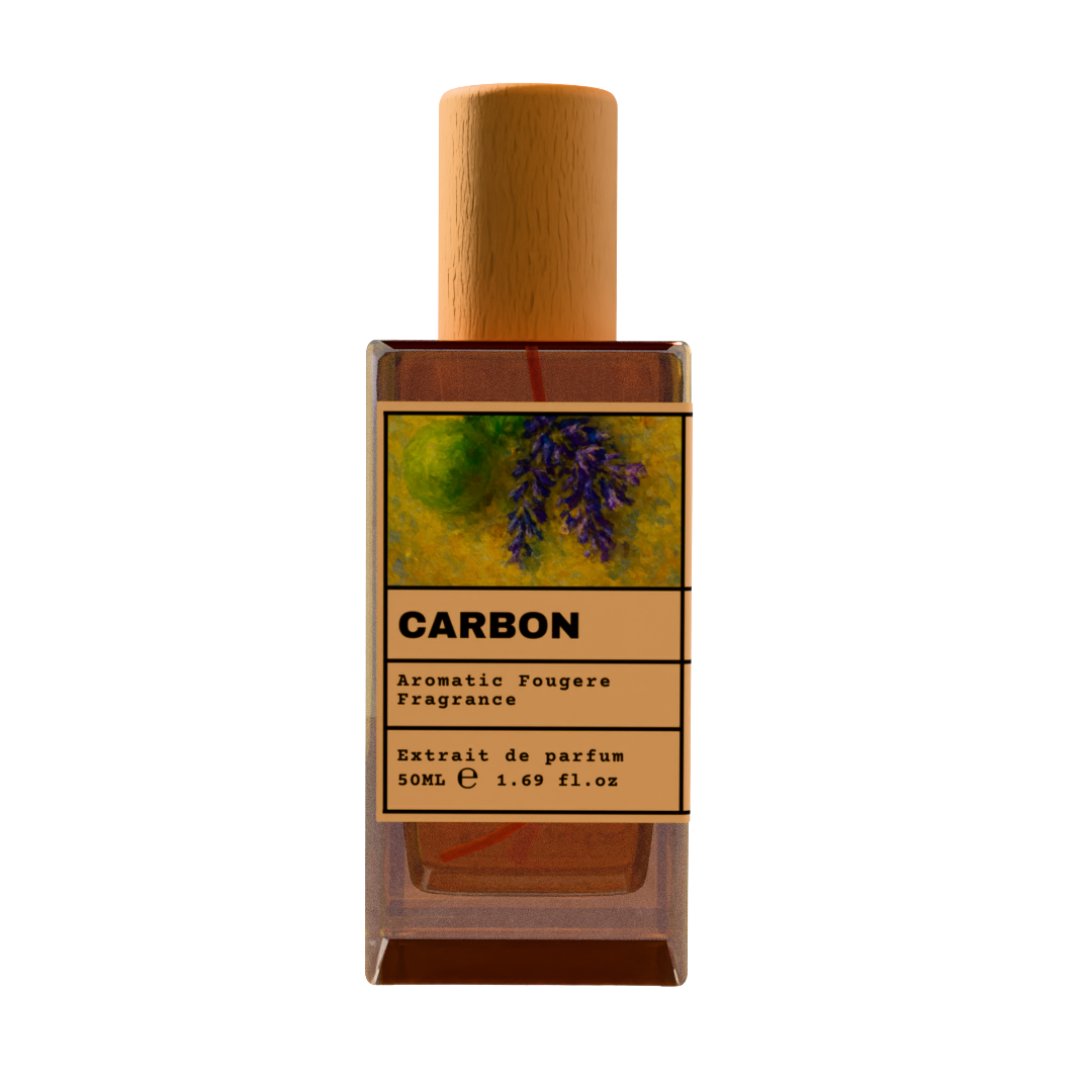 Carbon Aromatic Fougere fragrance perfume bottle with wooden cap, 50ml