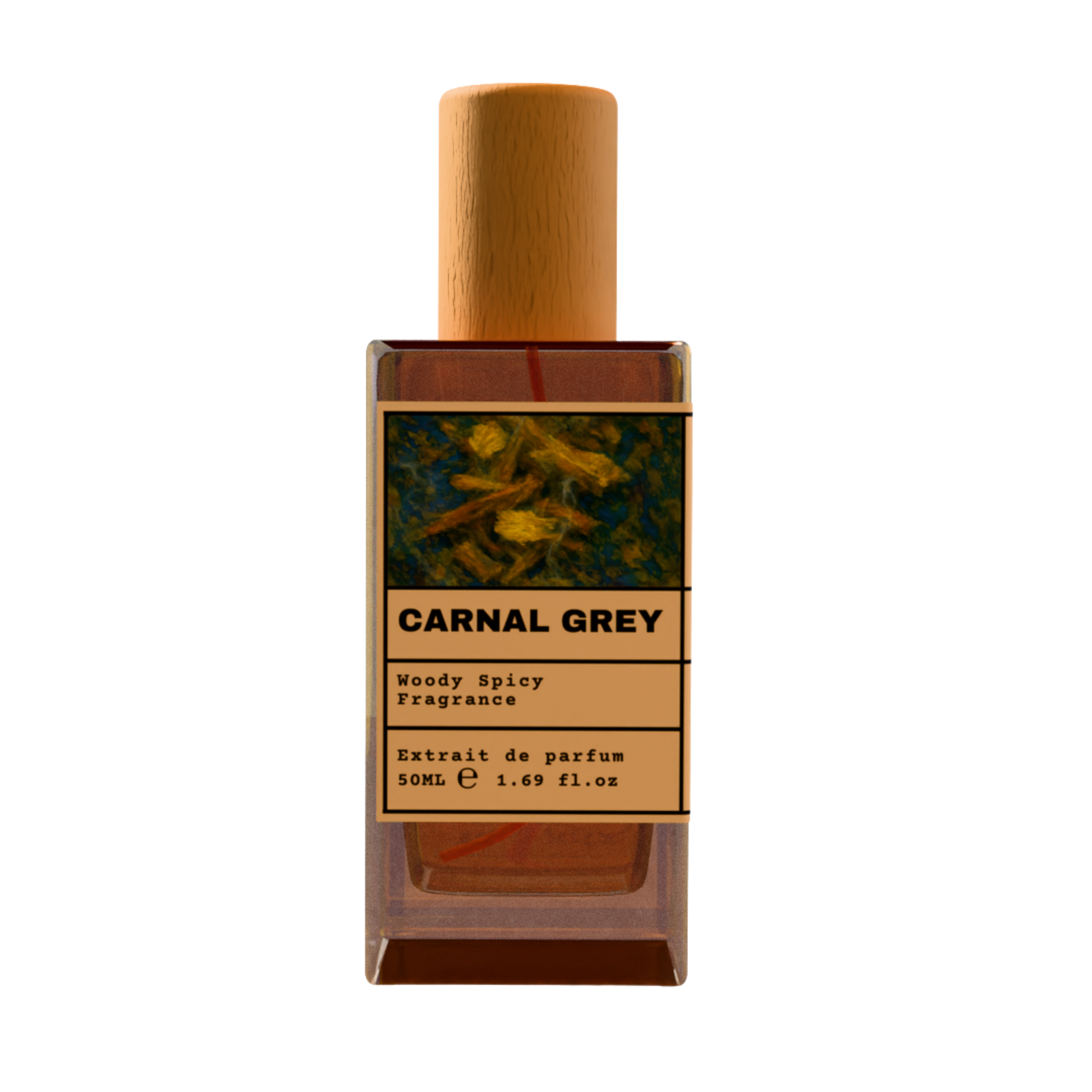Carnal Grey Woody Spicy fragrance perfume bottle with wooden cap, 50ml