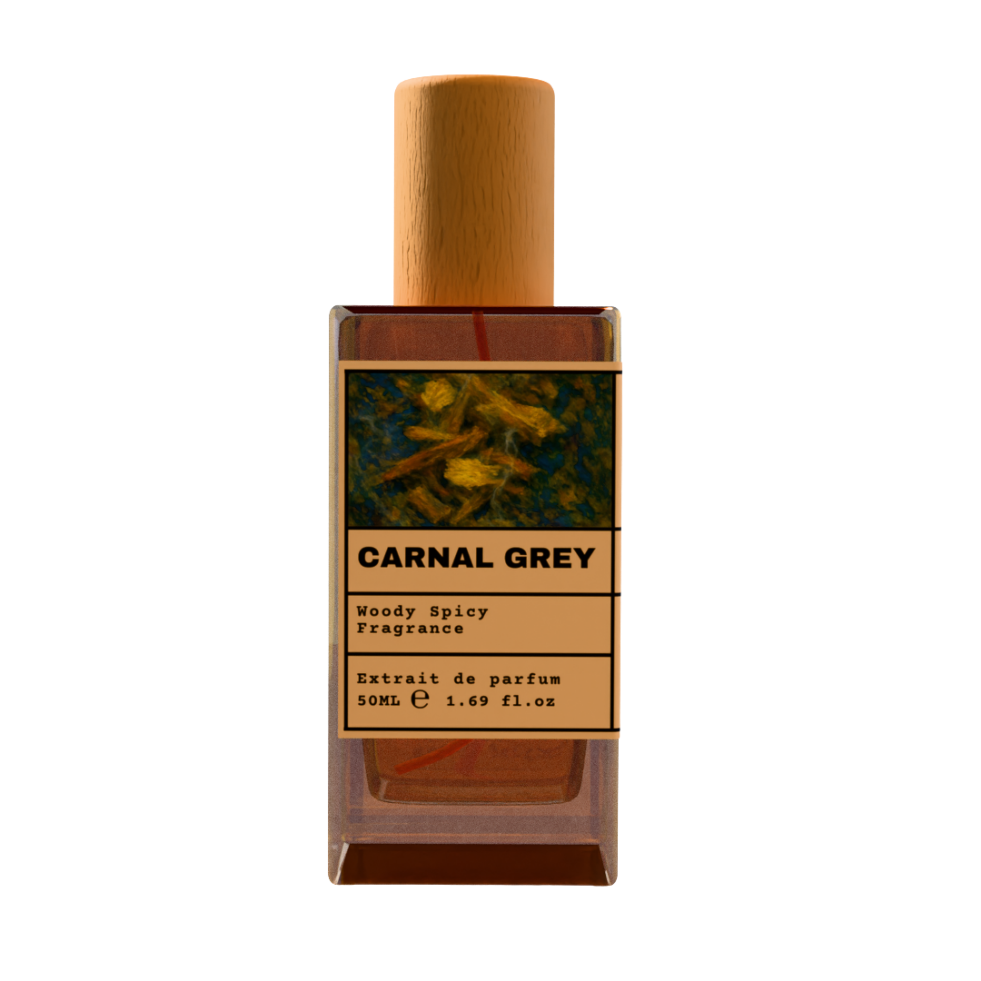 Carnal Grey Woody Spicy fragrance perfume bottle with wooden cap, 50ml