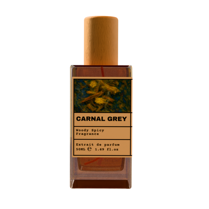 Carnal Grey Woody Spicy fragrance perfume bottle with wooden cap, 50ml