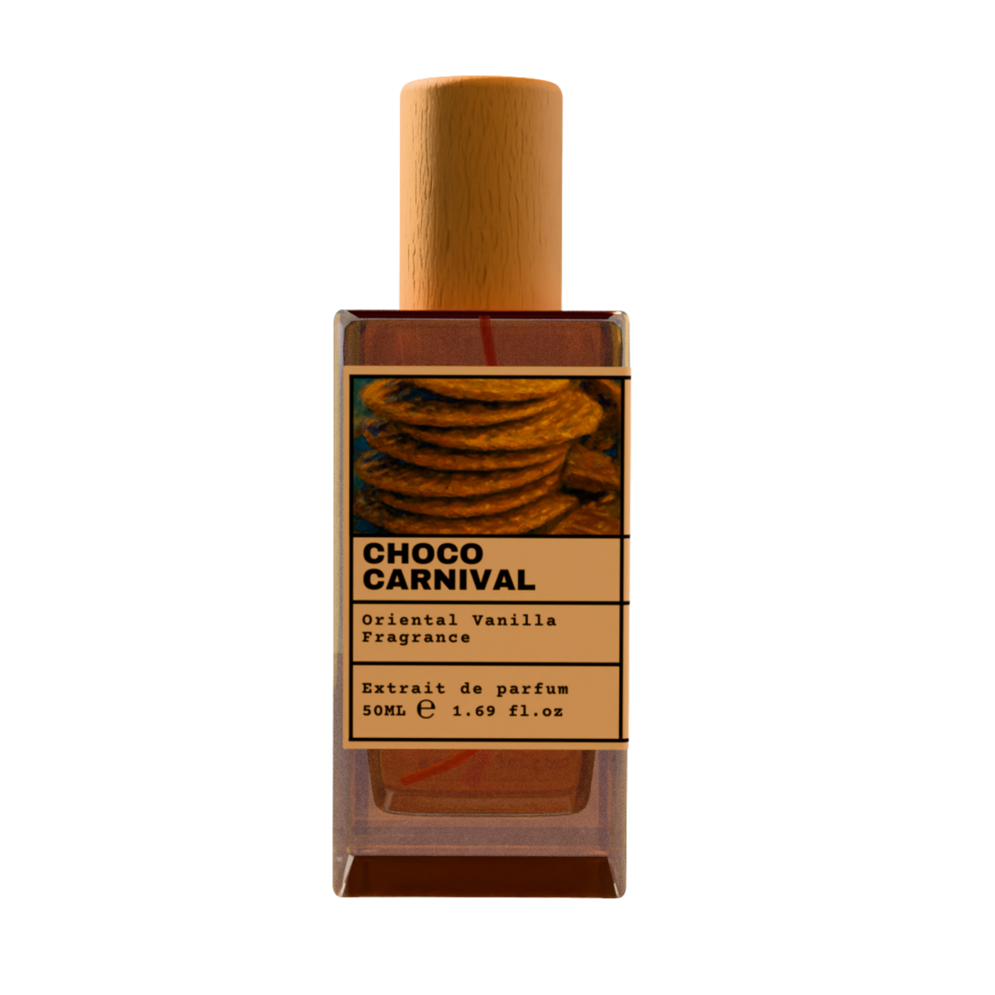 Choco Carnival Oriental Vanilla Fragrance Extrait de Parfum 50ml bottle with wooden cap