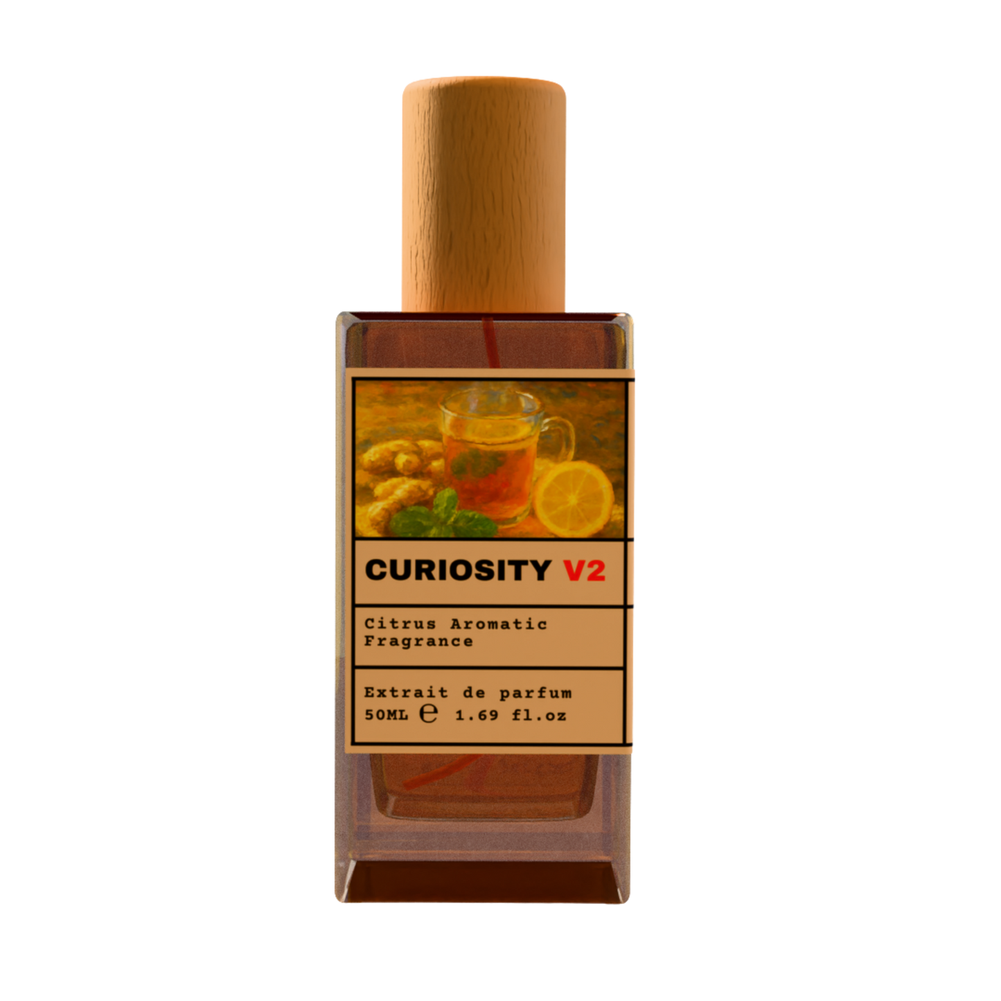 CURIOSITY V2 Citrus Aromatic Fragrance luxury perfume bottle with lemon and ginger tea label design and wooden cap on a transparent background