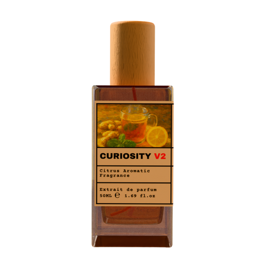 CURIOSITY V2 Citrus Aromatic Fragrance luxury perfume bottle with lemon and ginger tea label design and wooden cap on a transparent background