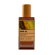 DHS 21 Woody Spicy Fragrance Extrait de Parfum 50ml bottle with natural wooden cap and abstract earthy gold illustration label.