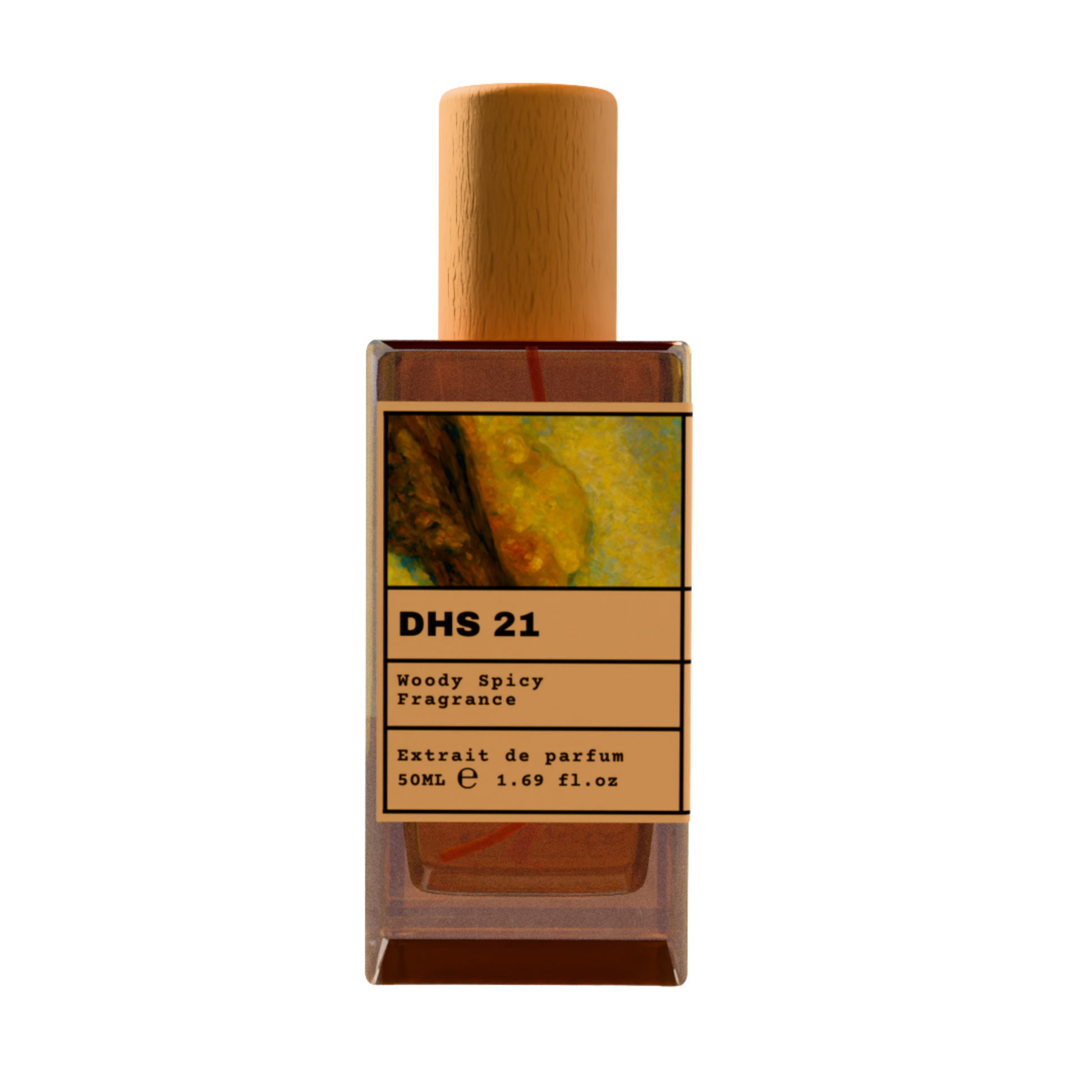 DHS 21 Woody Spicy Fragrance Extrait de Parfum 50ml bottle with natural wooden cap and abstract earthy gold illustration label.