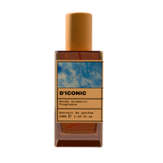D’ICONIC Woody Aromatic Fragrance Extrait de Parfum 50ml bottle with natural wooden cap and blue marble label design.