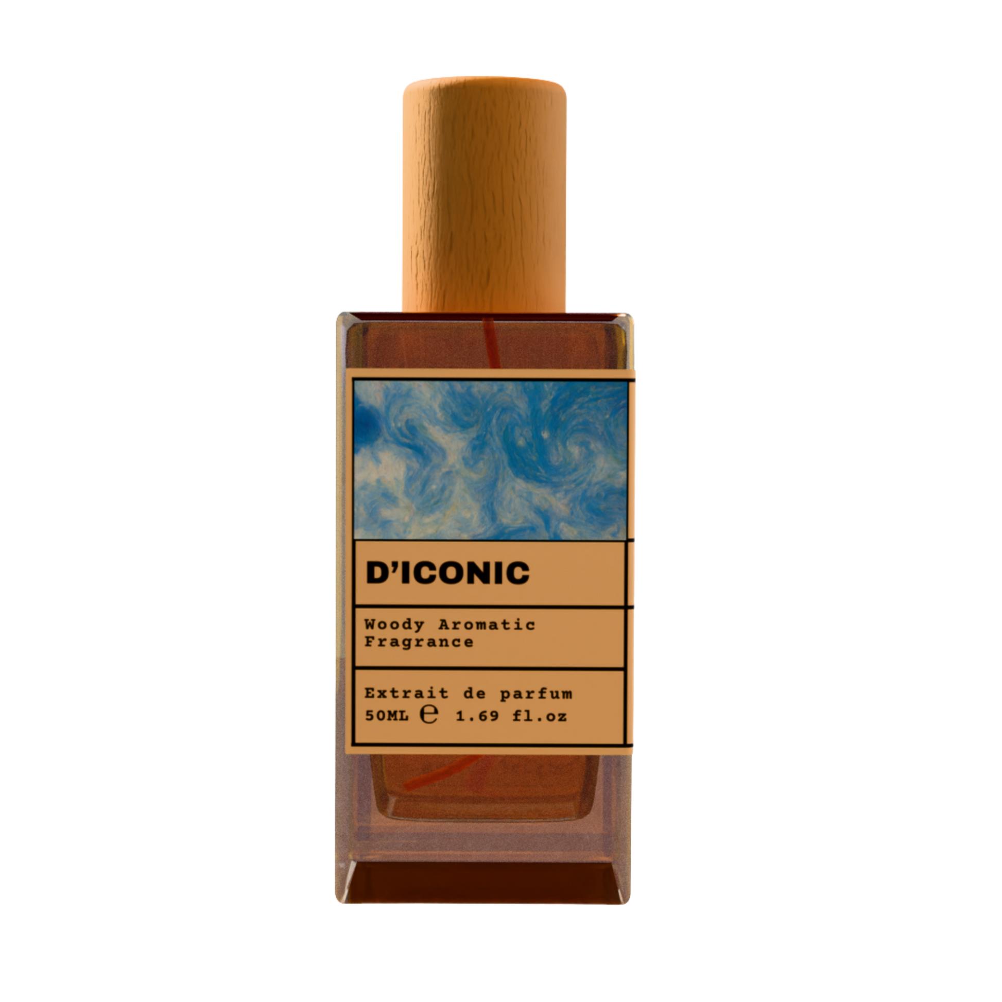 D’ICONIC Woody Aromatic Fragrance Extrait de Parfum 50ml bottle with natural wooden cap and blue marble label design.