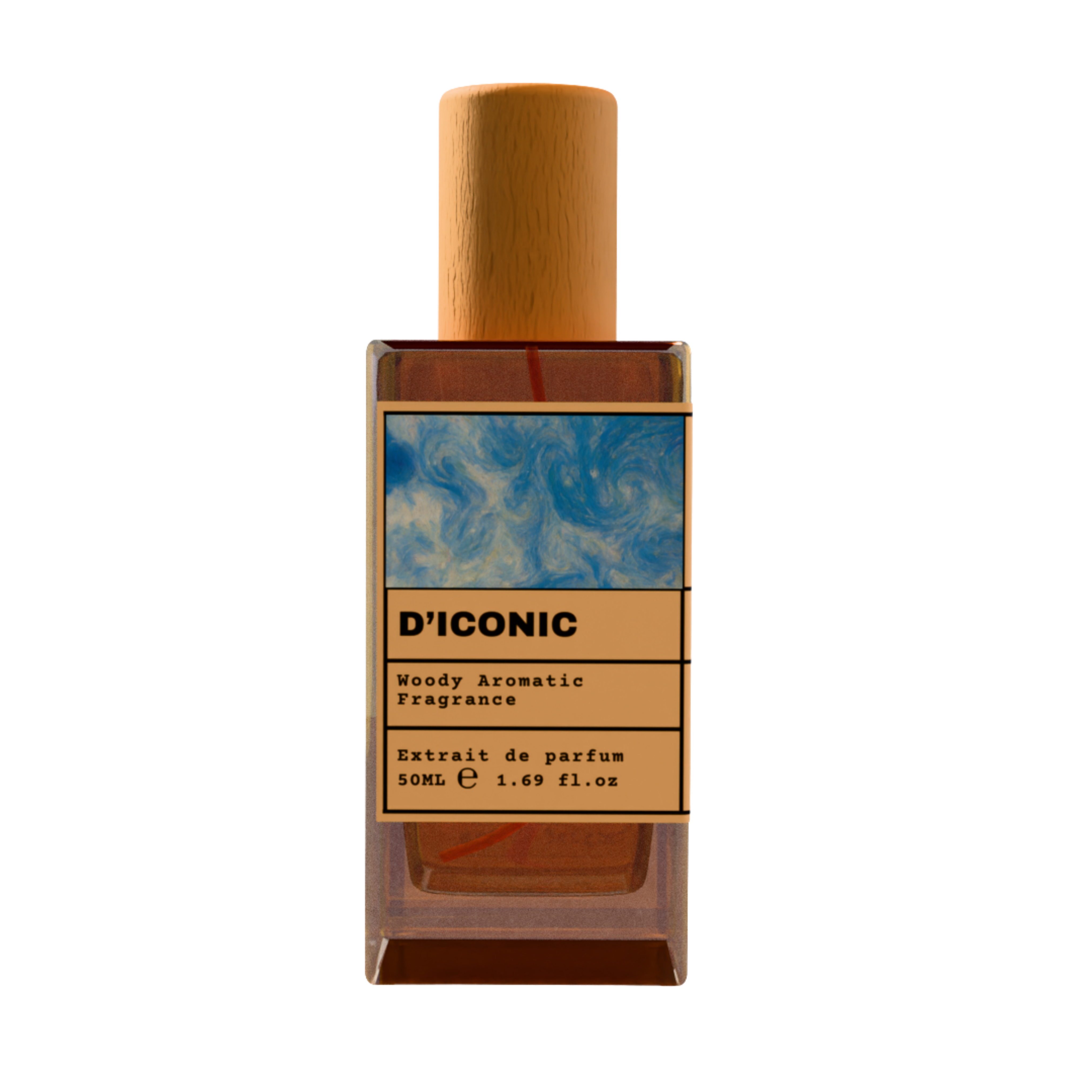 D’ICONIC Woody Aromatic Fragrance Extrait de Parfum 50ml bottle with natural wooden cap and blue marble label design.