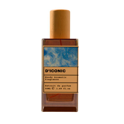 D’ICONIC Woody Aromatic Fragrance Extrait de Parfum 50ml bottle with natural wooden cap and blue marble label design.