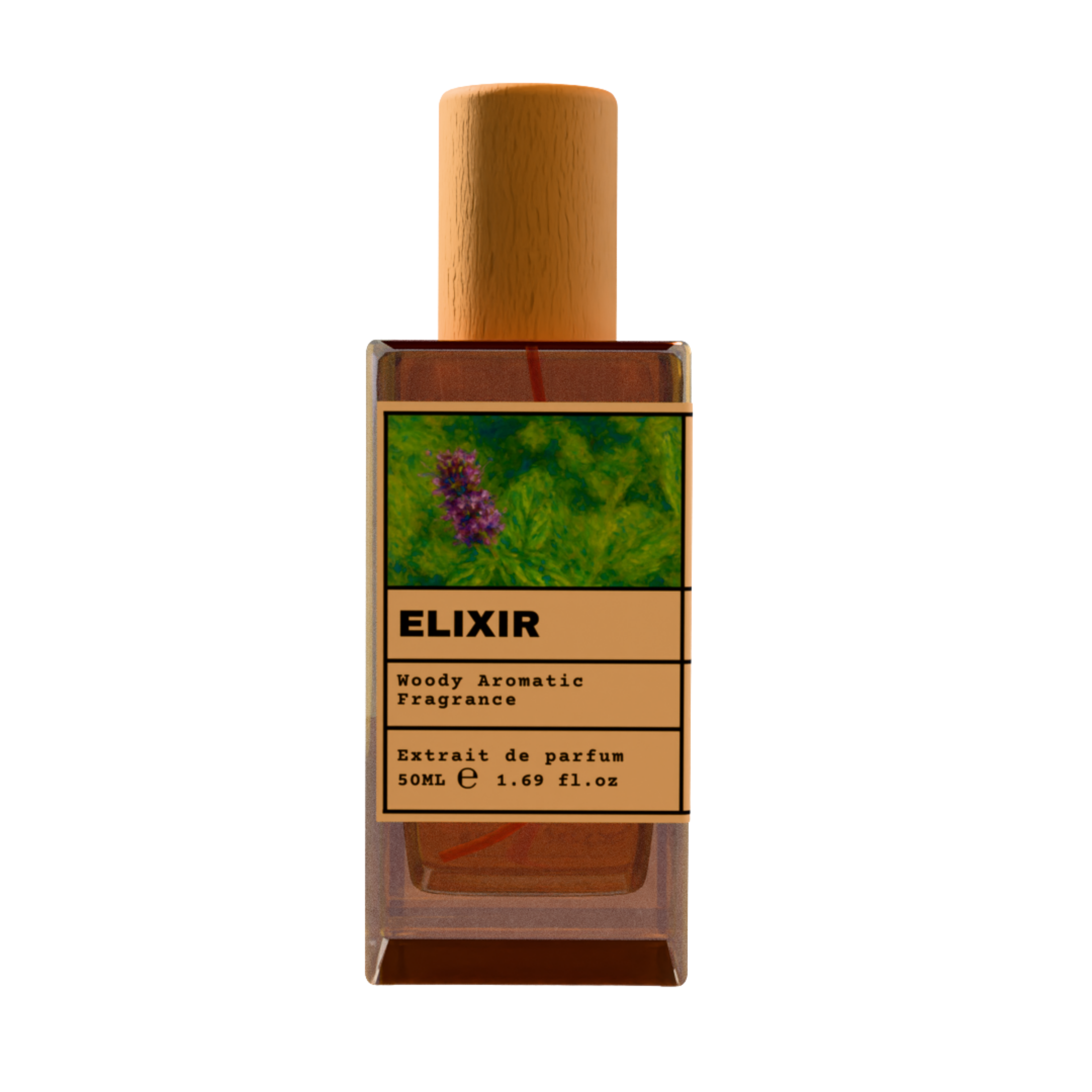 Elixir Woody Aromatic fragrance perfume bottle with wooden cap, 50ml