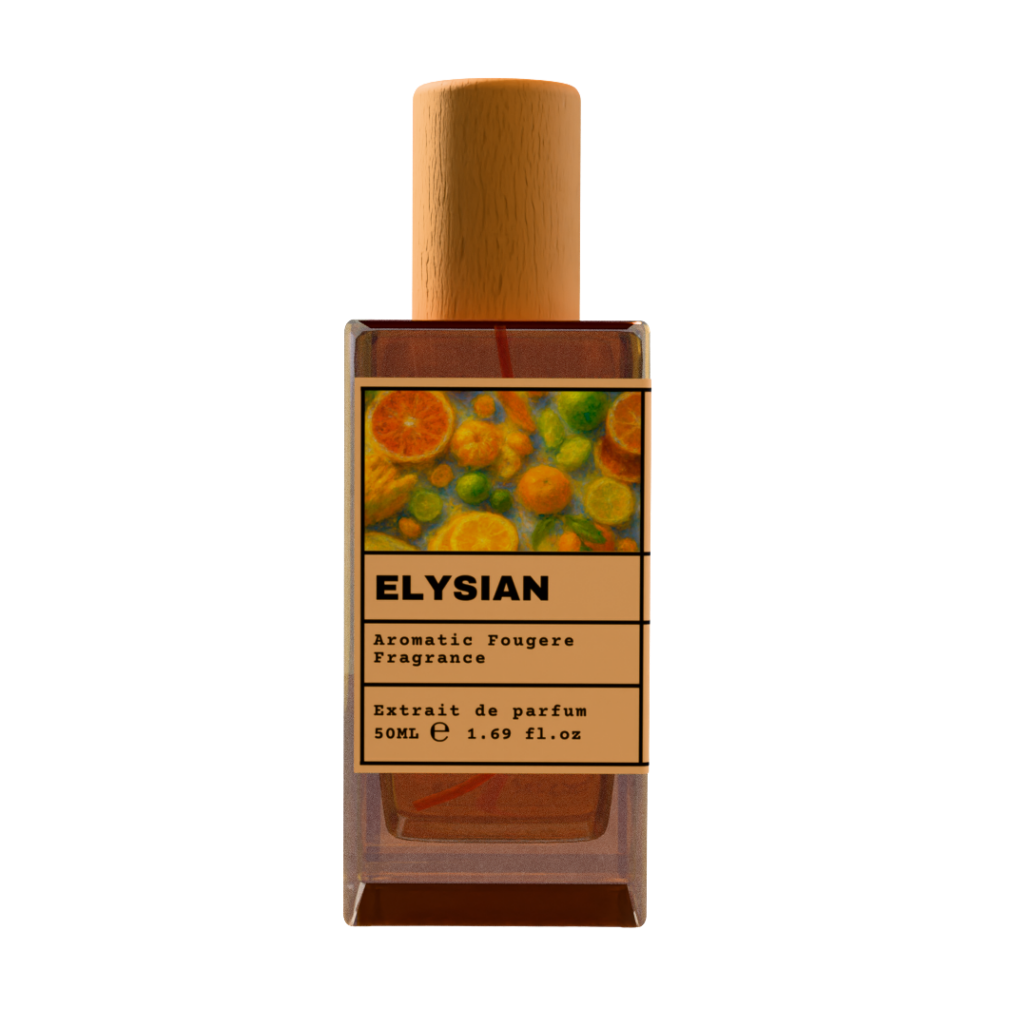 ELYSIAN Aromatic Fougere Fragrance Extrait de Parfum 50ml bottle with natural wooden cap and vibrant mixed citrus illustration label.