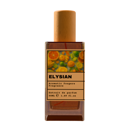 ELYSIAN Aromatic Fougere Fragrance Extrait de Parfum 50ml bottle with natural wooden cap and vibrant mixed citrus illustration label.