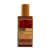 FORMAL DESIRE Chypre Fragrance luxury perfume bottle with red rose floral art label and wooden cap on a transparent background