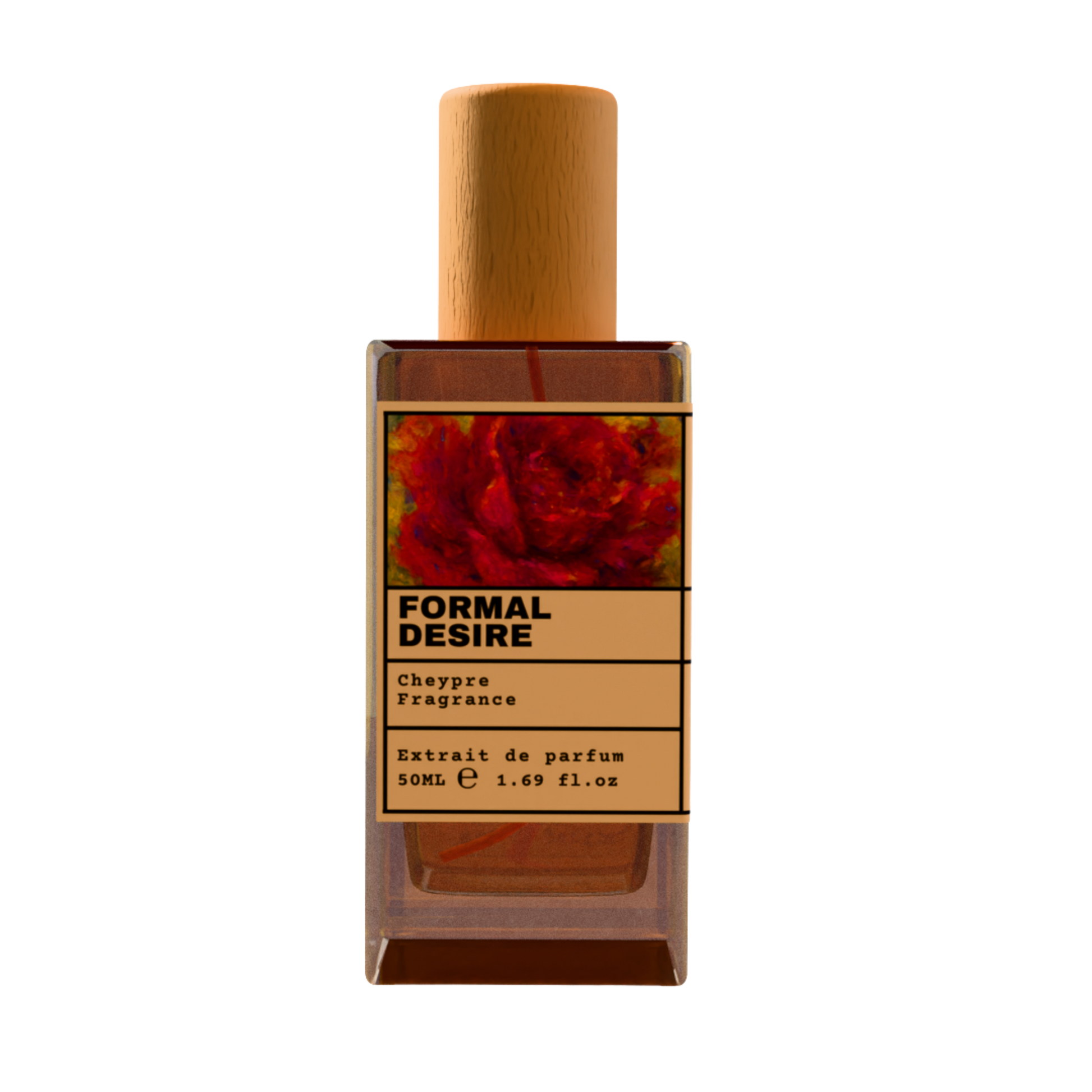 FORMAL DESIRE Chypre Fragrance luxury perfume bottle with red rose floral art label and wooden cap on a transparent background