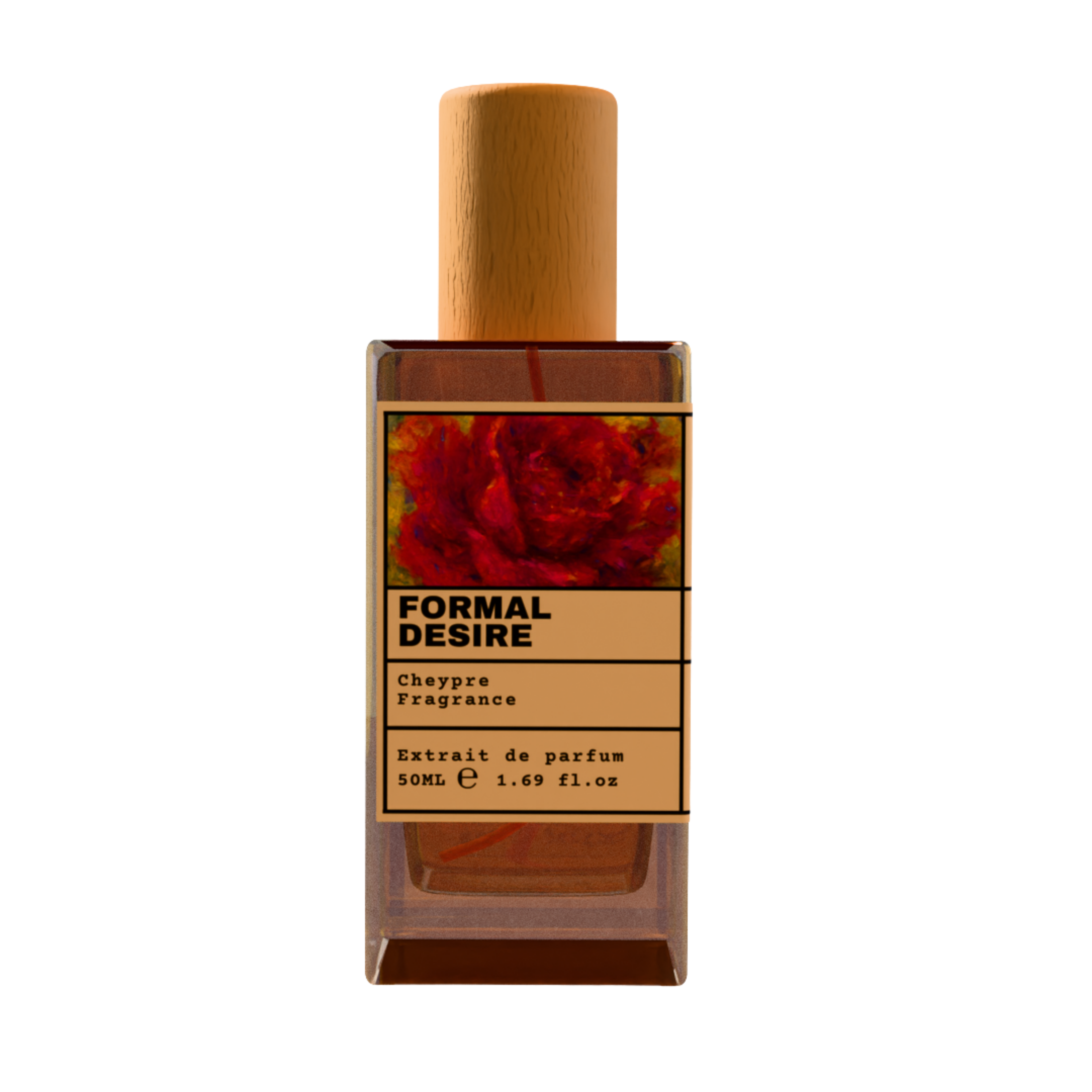 FORMAL DESIRE Chypre Fragrance luxury perfume bottle with red rose floral art label and wooden cap on a transparent background