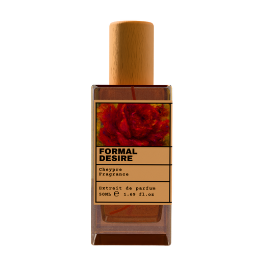 FORMAL DESIRE Chypre Fragrance luxury perfume bottle with red rose floral art label and wooden cap on a transparent background