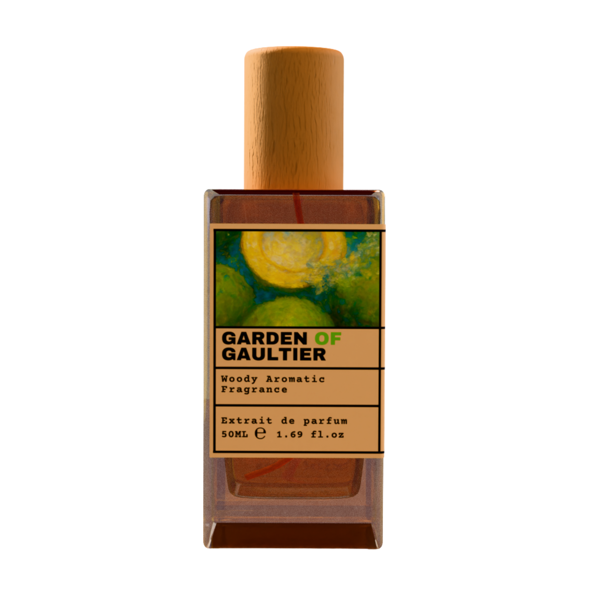 GARDEN OF GAULTIER Woody Aromatic Fragrance Extrait de Parfum 50ml bottle with natural wooden cap and green botanical garden illustration label.