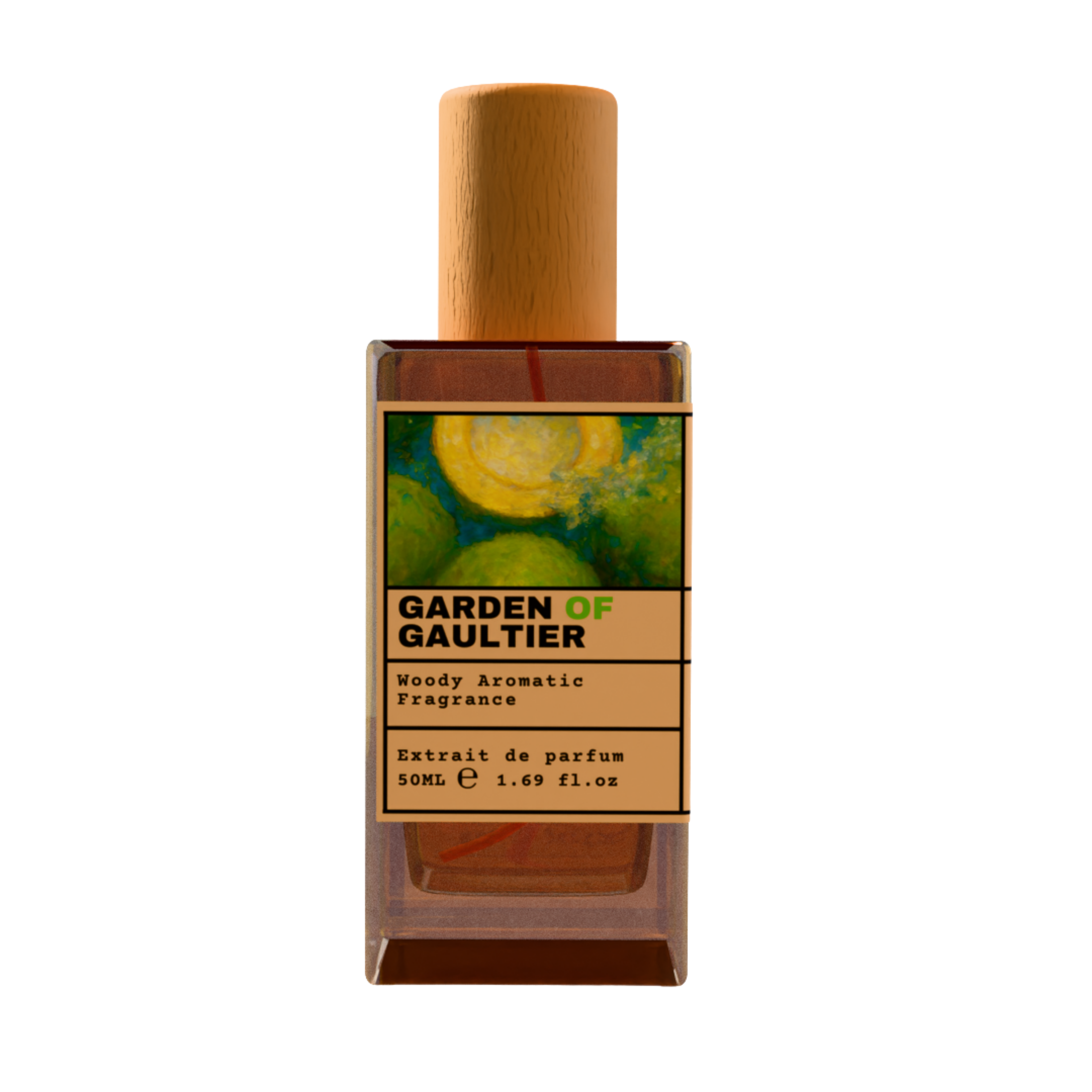 GARDEN OF GAULTIER Woody Aromatic Fragrance Extrait de Parfum 50ml bottle with natural wooden cap and green botanical garden illustration label.