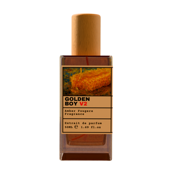 Golden Boy V2 Amber Fougere Fragrance Extrait de Parfum 50ml bottle with wooden cap