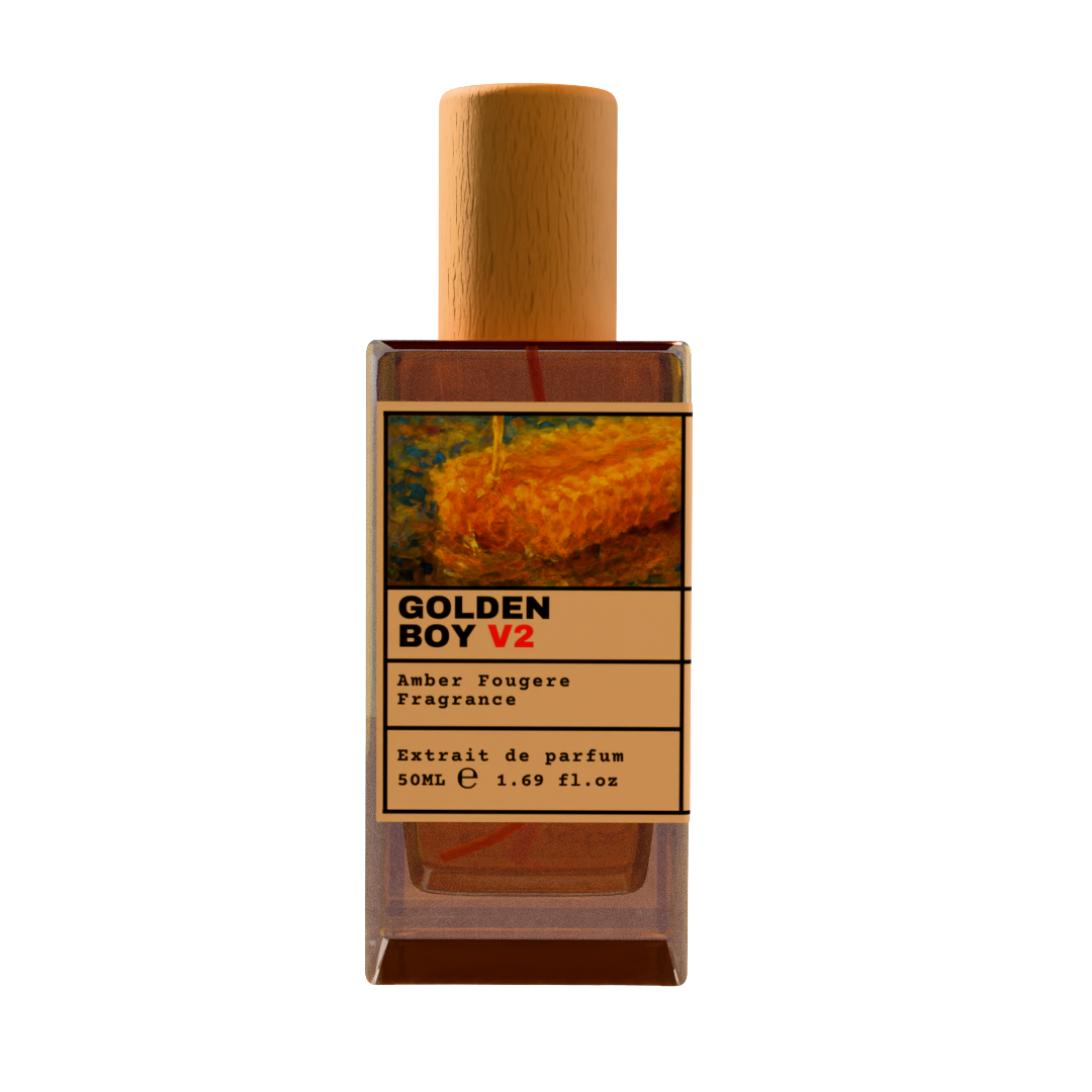 Golden Boy V2 Amber Fougere Fragrance Extrait de Parfum 50ml bottle with wooden cap
