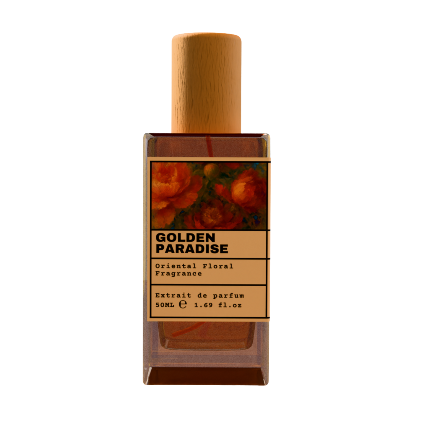 GOLDEN PARADISE Oriental Floral Fragrance luxury perfume bottle with red floral art label and wooden cap on a transparent background