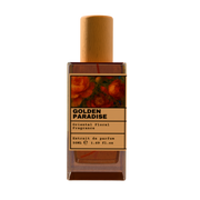 GOLDEN PARADISE Oriental Floral Fragrance luxury perfume bottle with red floral art label and wooden cap on a transparent background