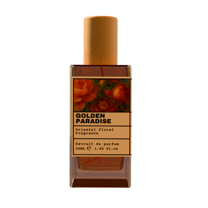 GOLDEN PARADISE Oriental Floral Fragrance luxury perfume bottle with red floral art label and wooden cap on a transparent background