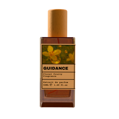 GUIDANCE Floral Fruity Fragrance luxury perfume bottle with yellow flower art label and wooden cap on a transparent background