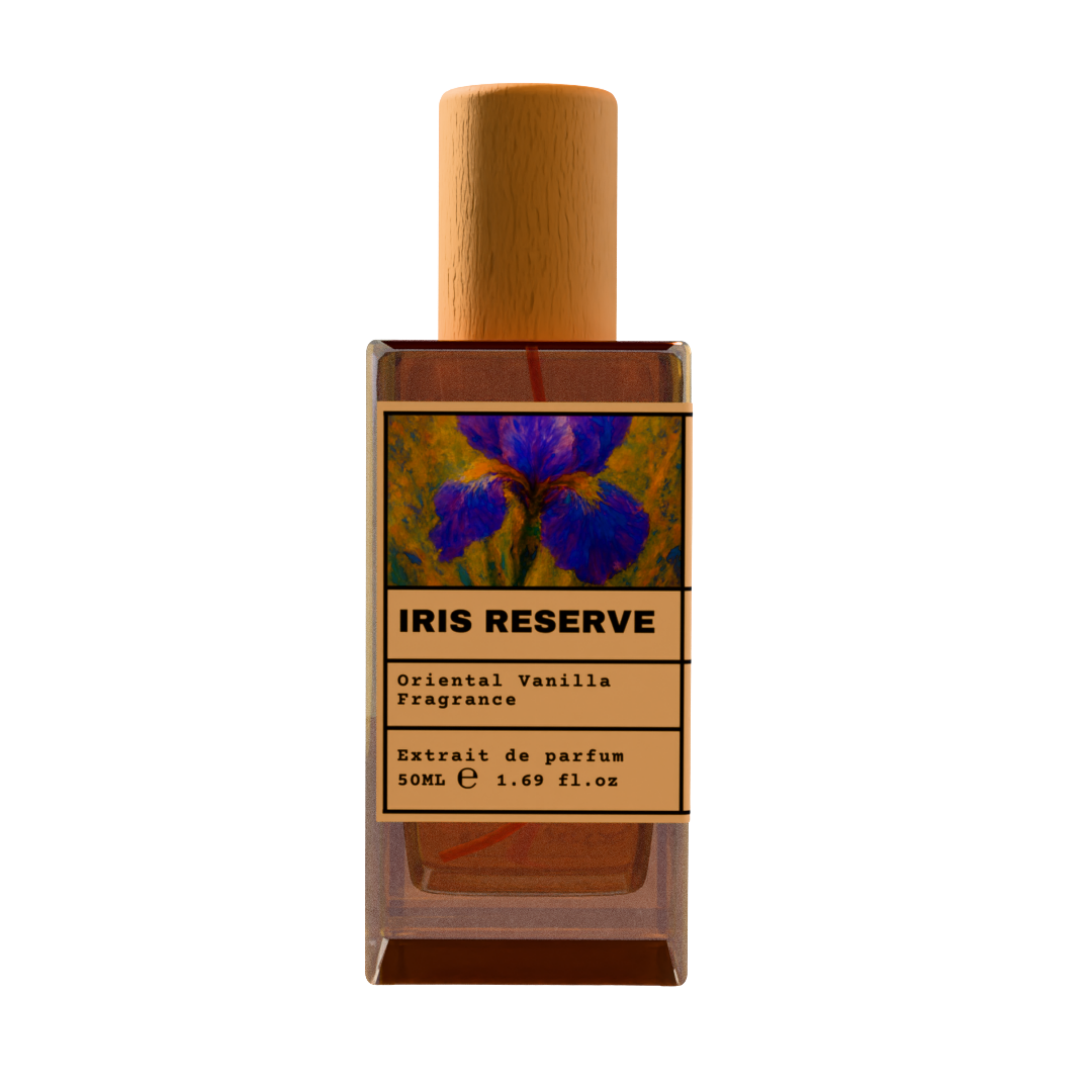 Iris Reserve Oriental Vanilla Fragrance Extrait de Parfum 50ml bottle with wooden cap