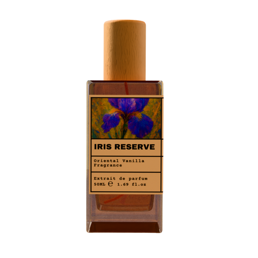 Iris Reserve Oriental Vanilla Fragrance Extrait de Parfum 50ml bottle with wooden cap
