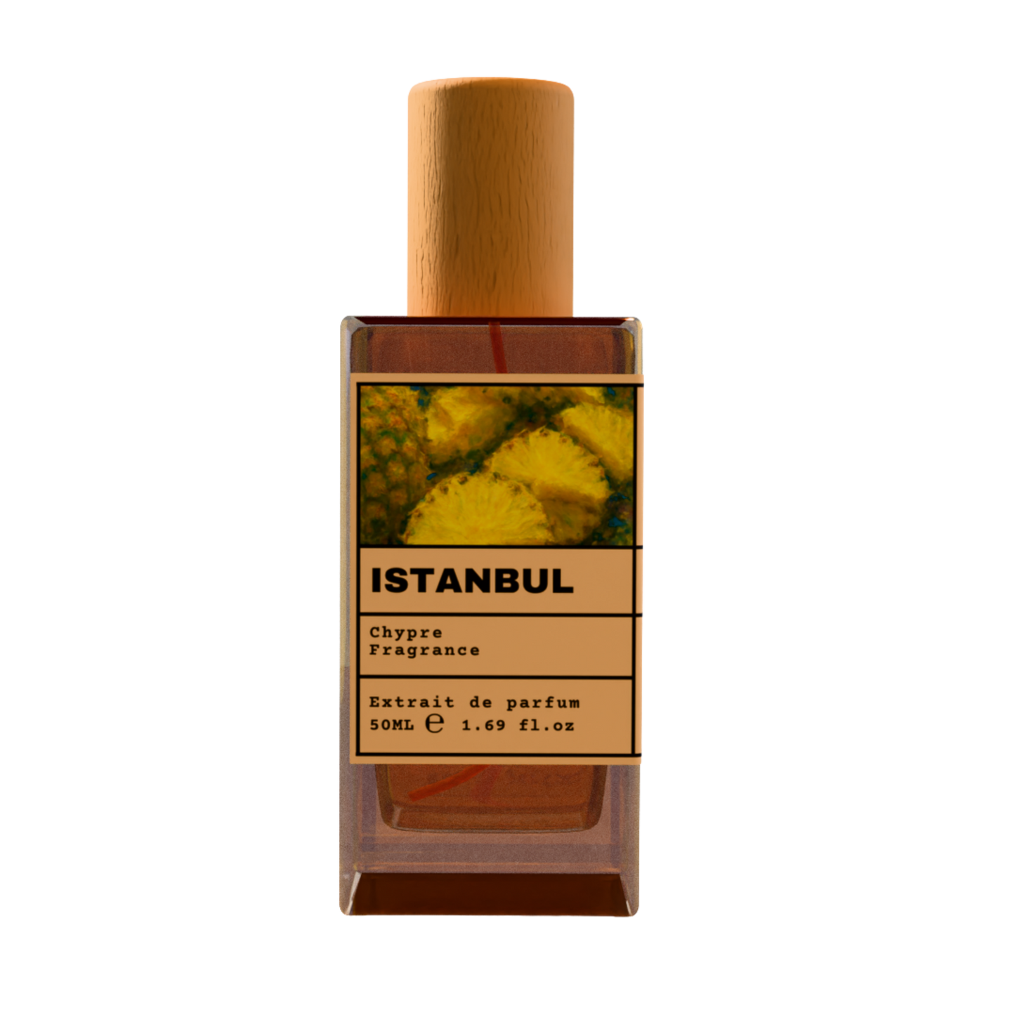 ISTANBUL Chypre Fragrance luxury perfume bottle with pineapple fruit art label and wooden cap on a transparent background