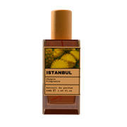 ISTANBUL Chypre Fragrance luxury perfume bottle with pineapple fruit art label and wooden cap on a transparent background